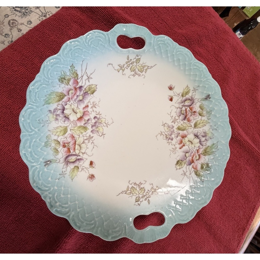 Antique Floral Cake Plate Aqua Blue Embossed Rim Pink Wild Roses 10" Pierced